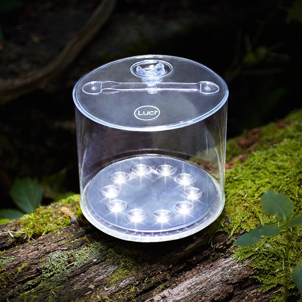 Bright solar light sitting on mossy tree